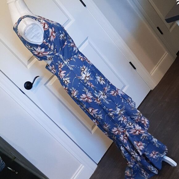 L & T Blue Sleeveless Flowy Open Back Ruffle Bottom Floral Print Dress - Picture 4 of 16